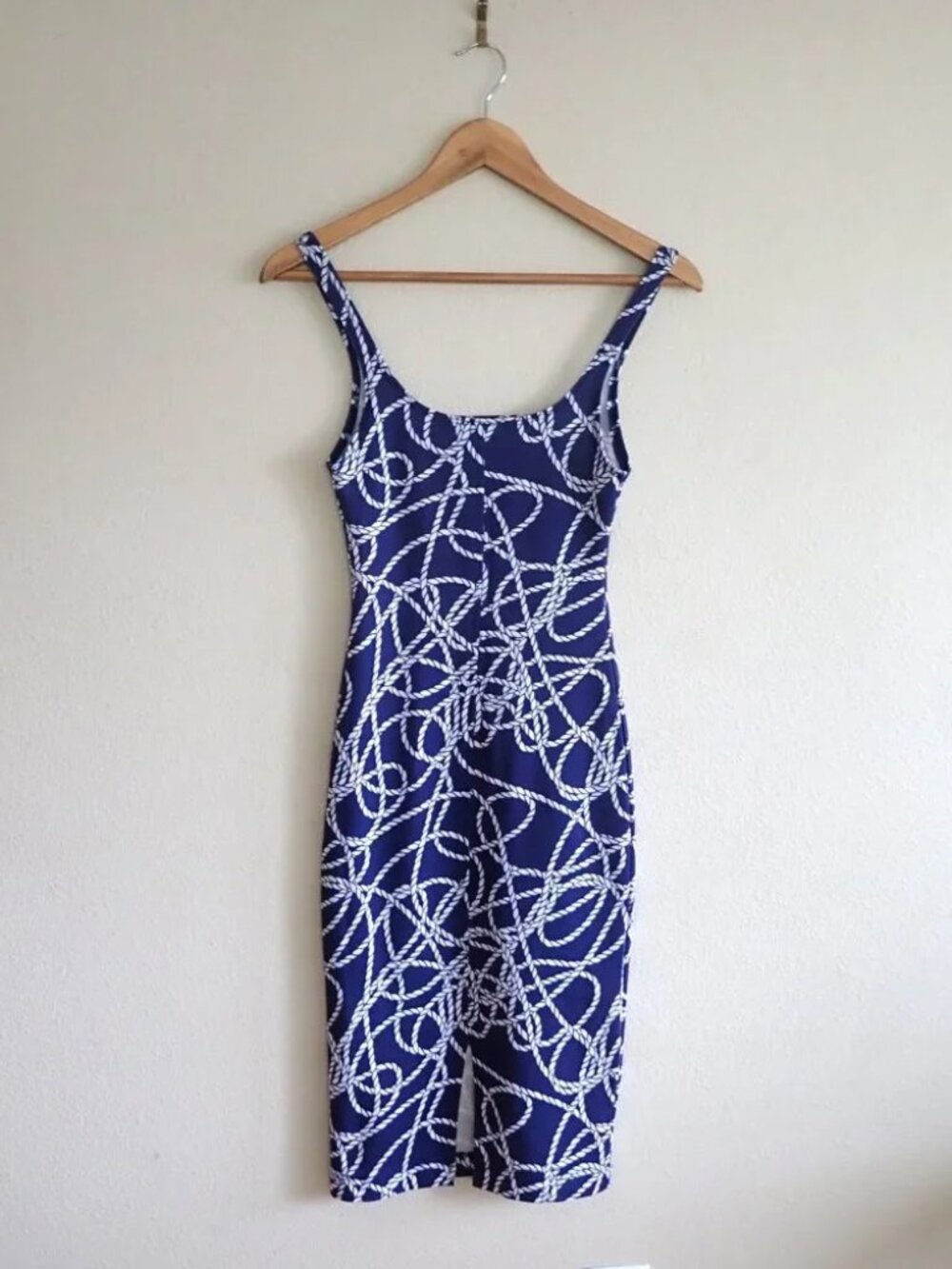 Zara Trafaluc Nautical Bodycon Midi Dress in Mariner Blue and White Size S